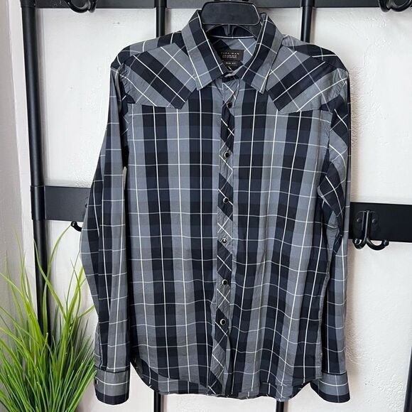Zara Man plaid button down shirt Navy Grey slim fit size XL - Picture 6 of 16